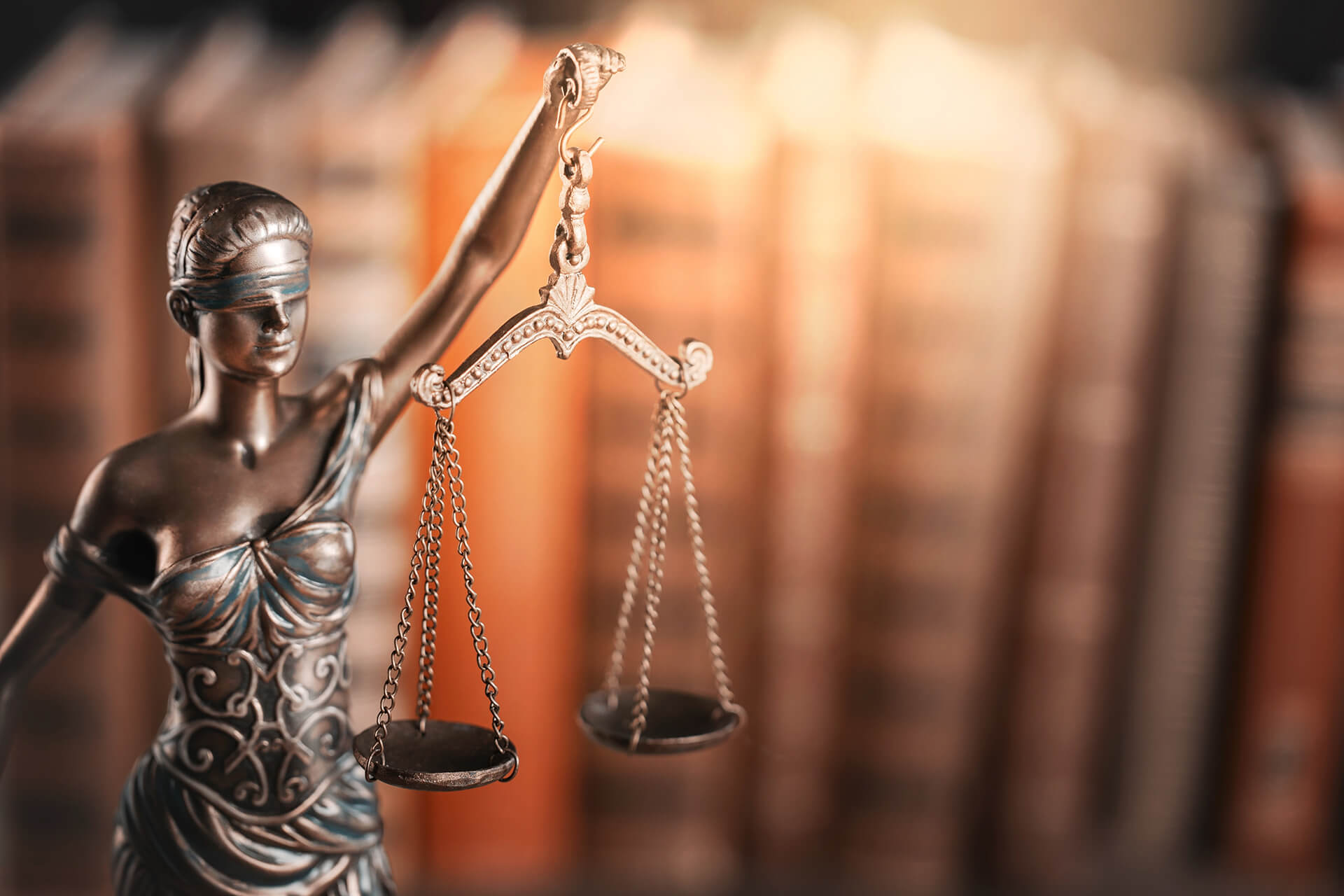 A statue of lady justice in front of legal books containing information about federal employee law and merit systems protection board.