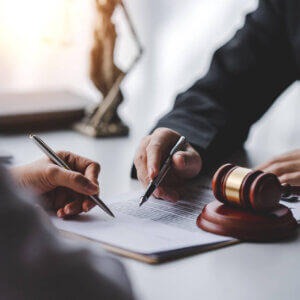 Two federal employee lawyers reviewing federal employment case studies in their law office.